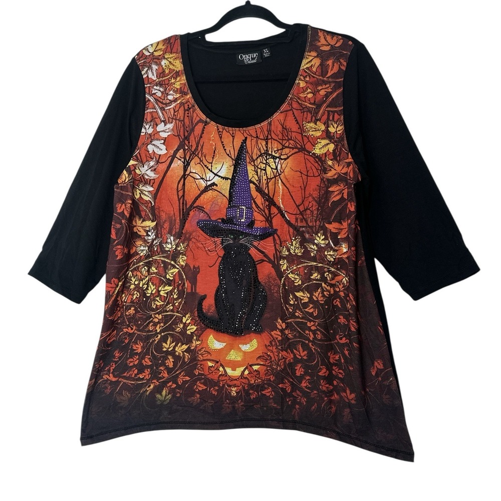 Onque Casual Top Women's XL Cat Pumpkin Halloween Fall Leaves 3/4 Sleeve